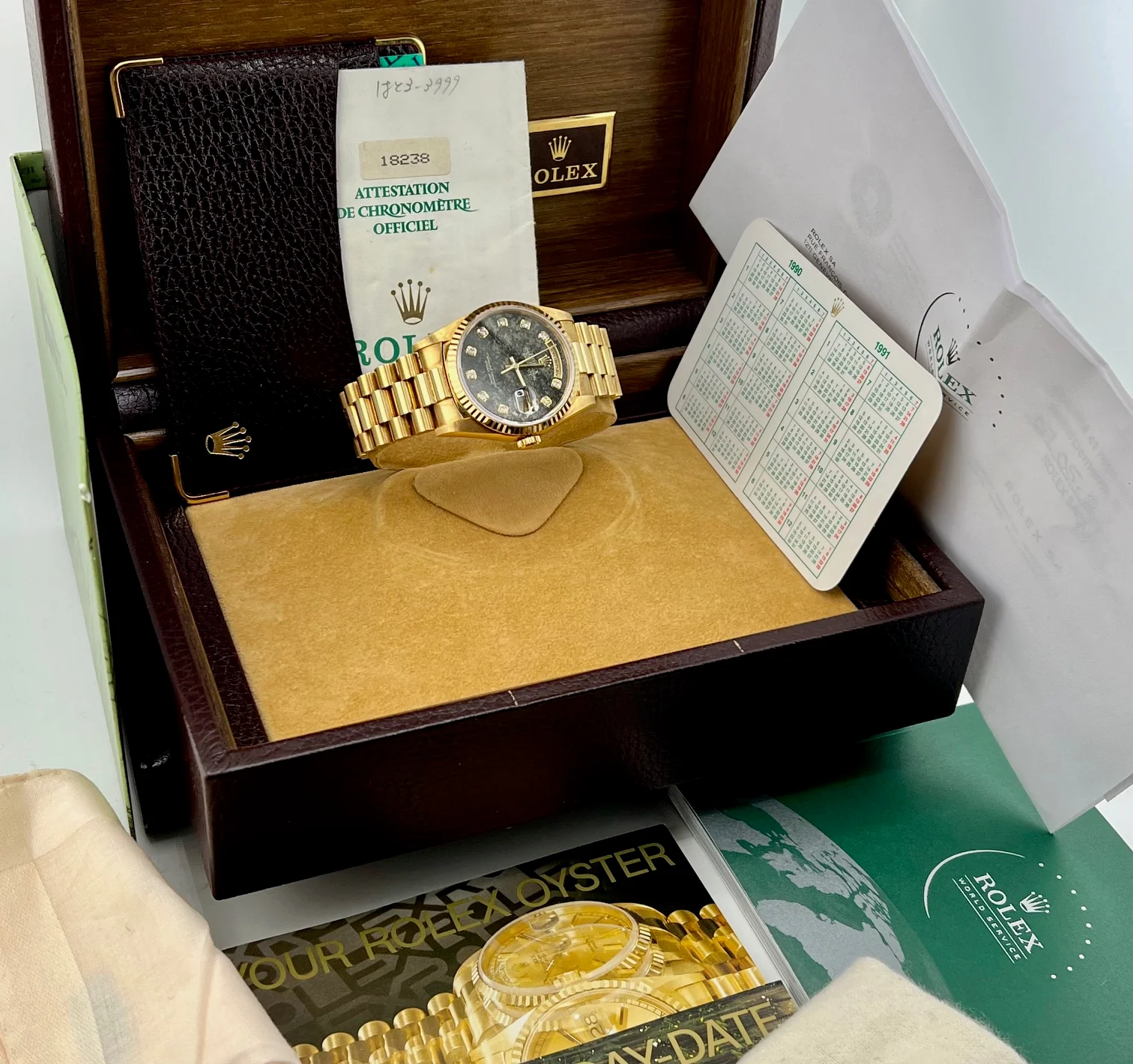 Rolex Day-Date 36mm 18238 ''Pirite'' Dial Diamond Index Full Set 1991 - Image 10