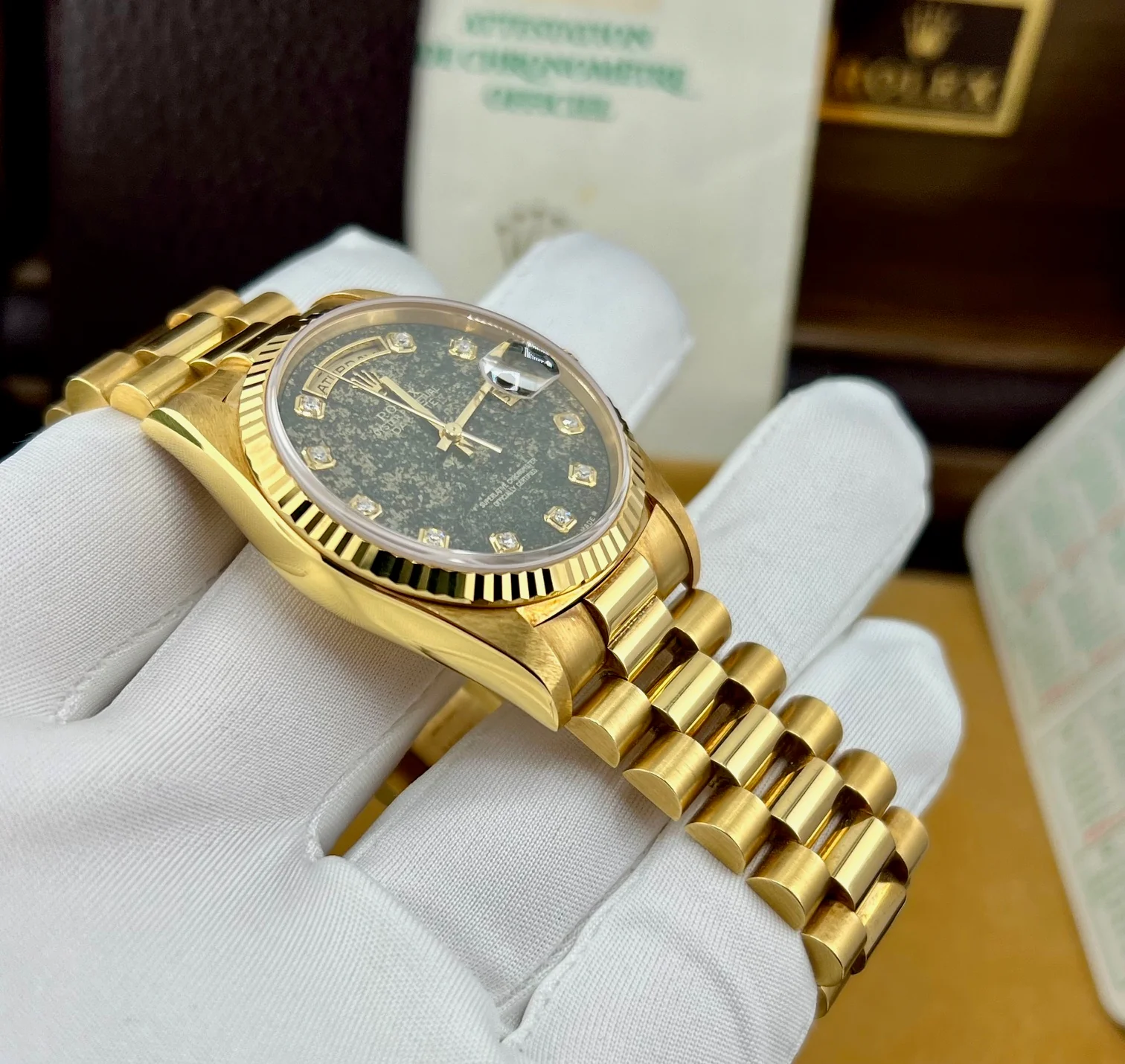 Rolex Day-Date 36mm 18238 ''Pirite'' Dial Diamond Index Full Set 1991 - Image 3